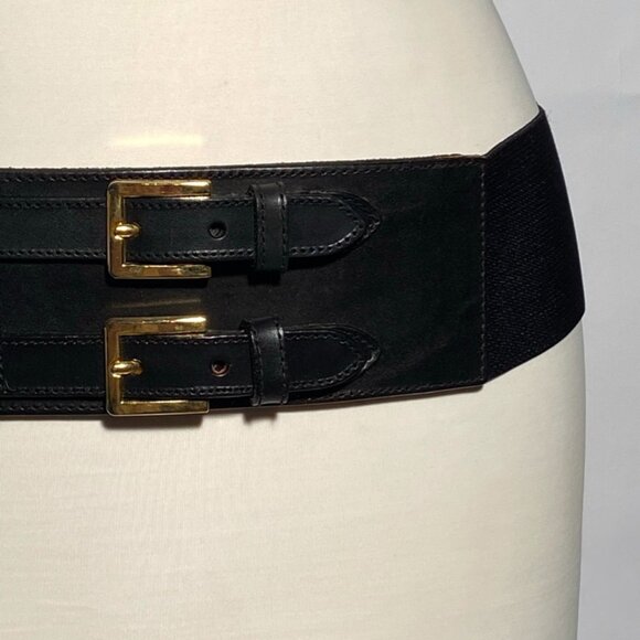 1980s Thick Black Leather Belt Snap Back Elastic Closure - Picture 1 of 3
